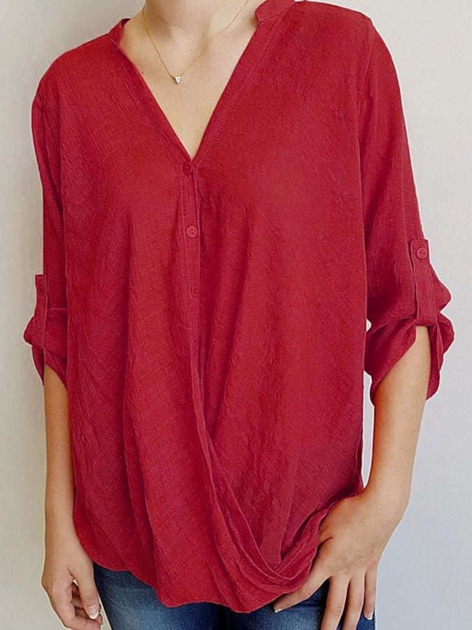 Solid Color V-Neck Blouse