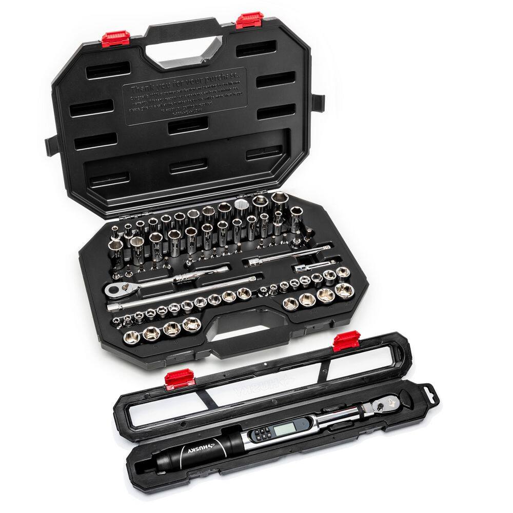 Husky 38 in. Drive Mechanics Tool Set with 38 in. Drive 10-100 ft.lbs. Electronic Torque Wrench (71-Piece) H70MTS3DETWCB