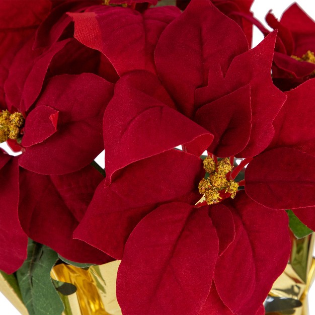 Red Artificial Christmas Poinsettia Arrangement With Gold Wrapped Pot