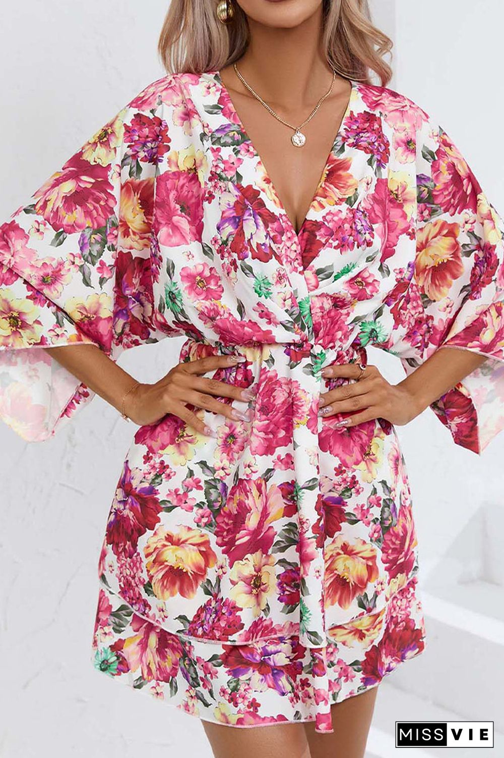 V Neck Drawstring Floral Dress