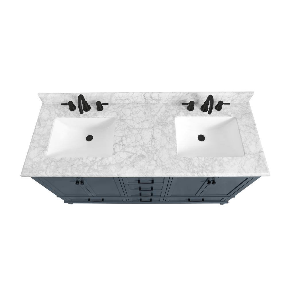 Home Decorators Collection Merryfield 61 in. W x 22 in. D x 35 in. H Freestanding Bath Vanity in Dark Blue-Gray with Carrara White Marble Top 19112-VS61-DG