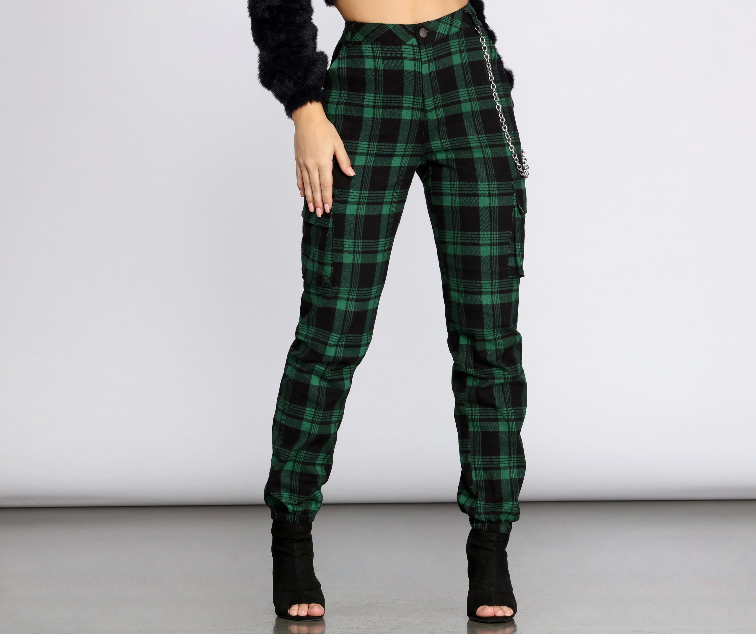 Plaid Chain Link Cargo Pants