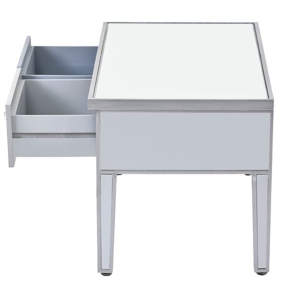 Modern Glass Mirrored Coffee Table with 2 Drawers， Cocktail Table with Crystal Handles and Adjustable Height Legs