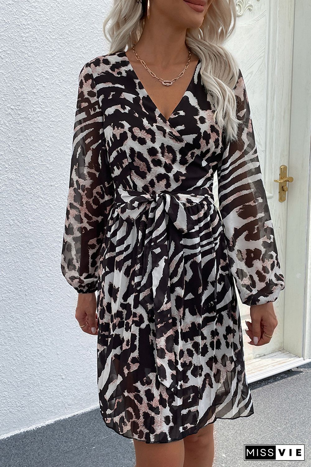 Leopard Print V-neck Long Sleeve Dress Wholesale