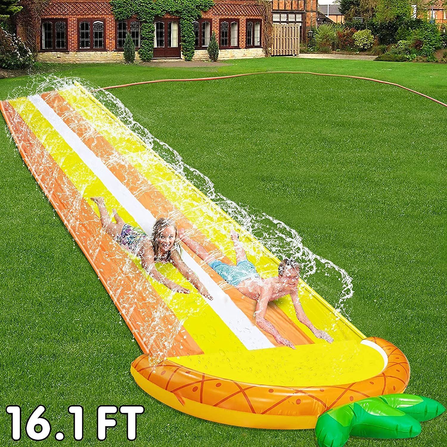 16.1ft x 76In Lawn Water Slides Slip for Kids, Double Race Pineapple Slip Slide Play Center Splash Sprinkler Inflatable Crash Pad for Children Summer Backyard Swimming Pool Games Outdoor Water Toys