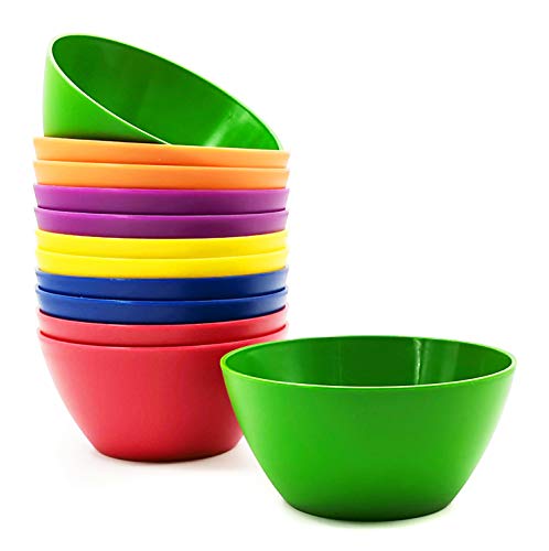 Plastic Bowls set of 12 - Unbreakable and Reusable 6-inch Plastic Cereal/Soup/Salad Bowls Multicolor | Microwave/Dishwasher Safe， BPA Free