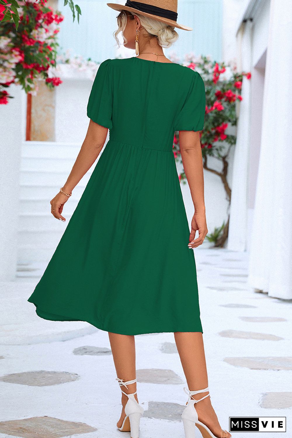 Plain V Neck Twisted Bubble Sleeves Midi Dress