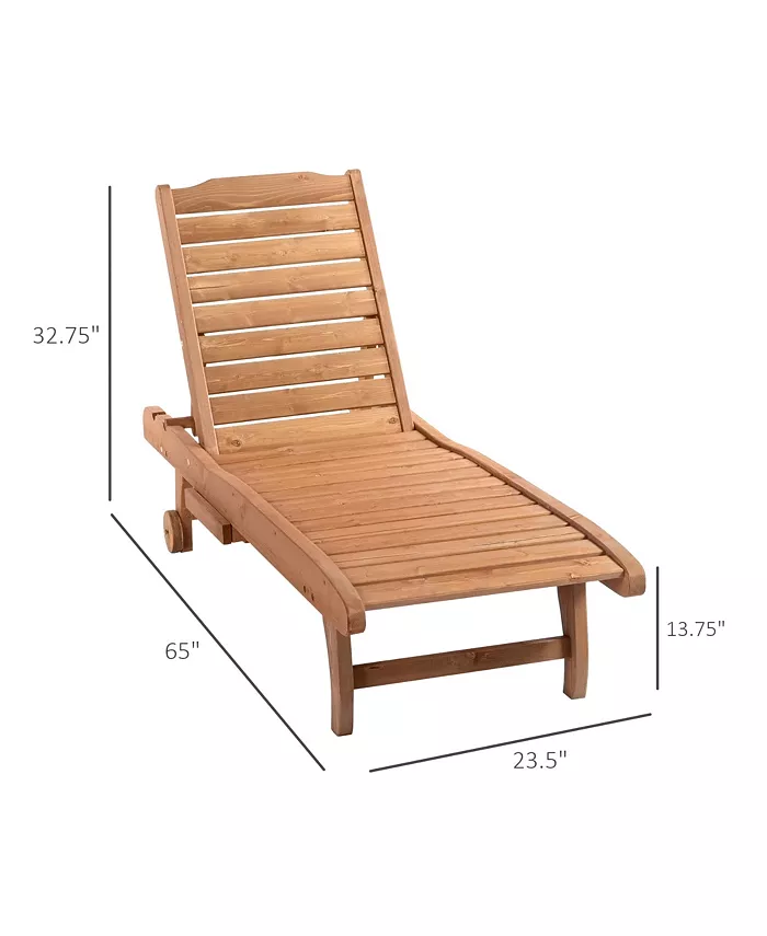 Outsunny Outdoor Sun Lounger Wooden Chaise Lounge Chair with 3-Position Backrest Pull-Out Tray and Wheels for Beach Poolside and Patio