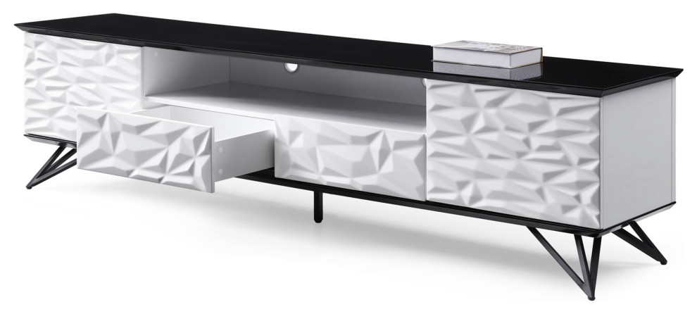 86.5 quotModern Vortice TV Stand Black and White Lacquer Matte Black Metal Legs   Midcentury   Entertainment Centers And Tv Stands   by Zuri Furniture  Houzz