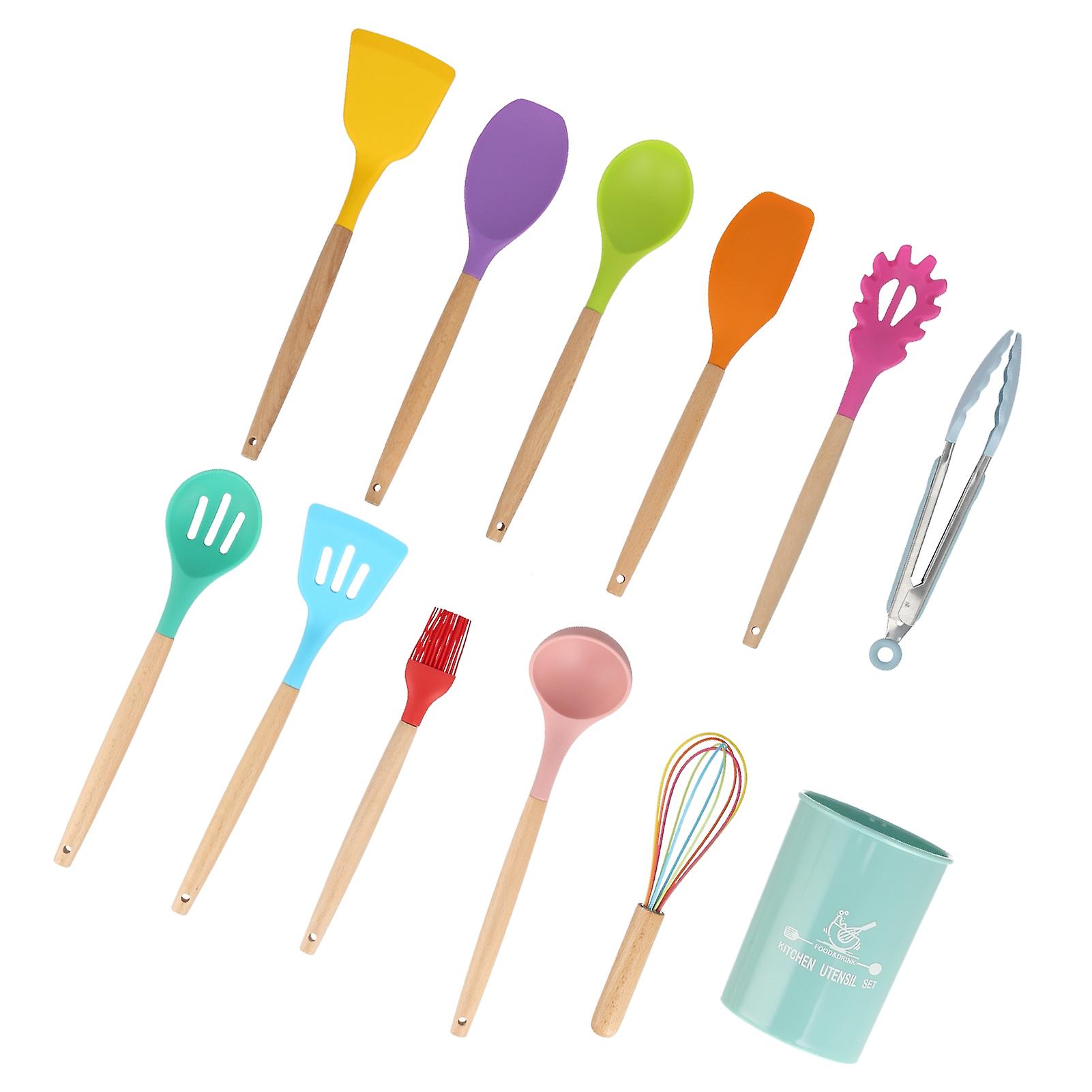 12pcs/set Colorful Silicone Kitchenware Set Non Stick Cookware Spatula Wooden Handle Cooking Utensils Set