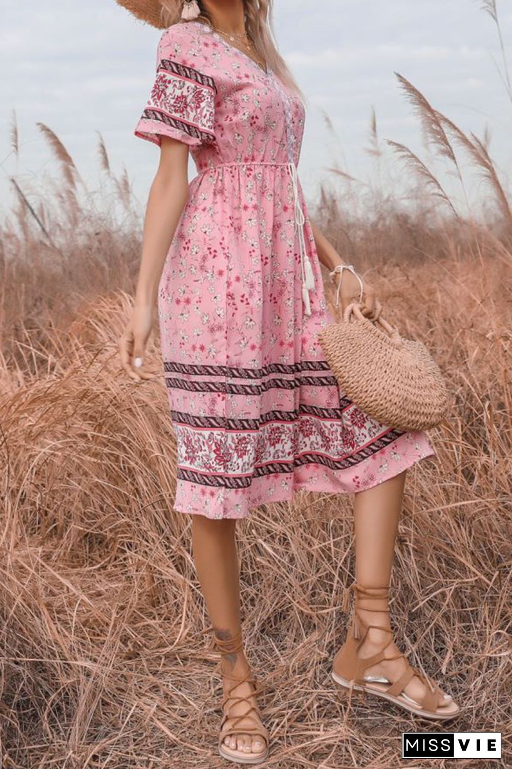 Bohemia Style Pink Floral Print Dress Wholesale