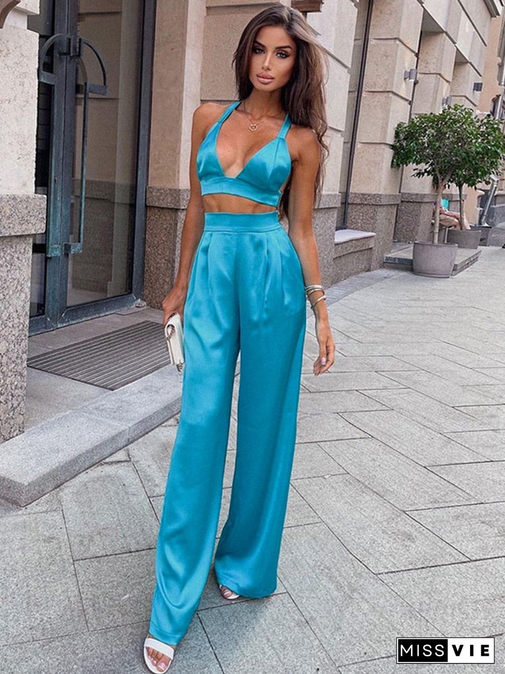 Silky Satin Camis Crop Top And Pants 2 Piece Set For Women Matching Sets Outfits Sexy High Waist Pants Streetwear