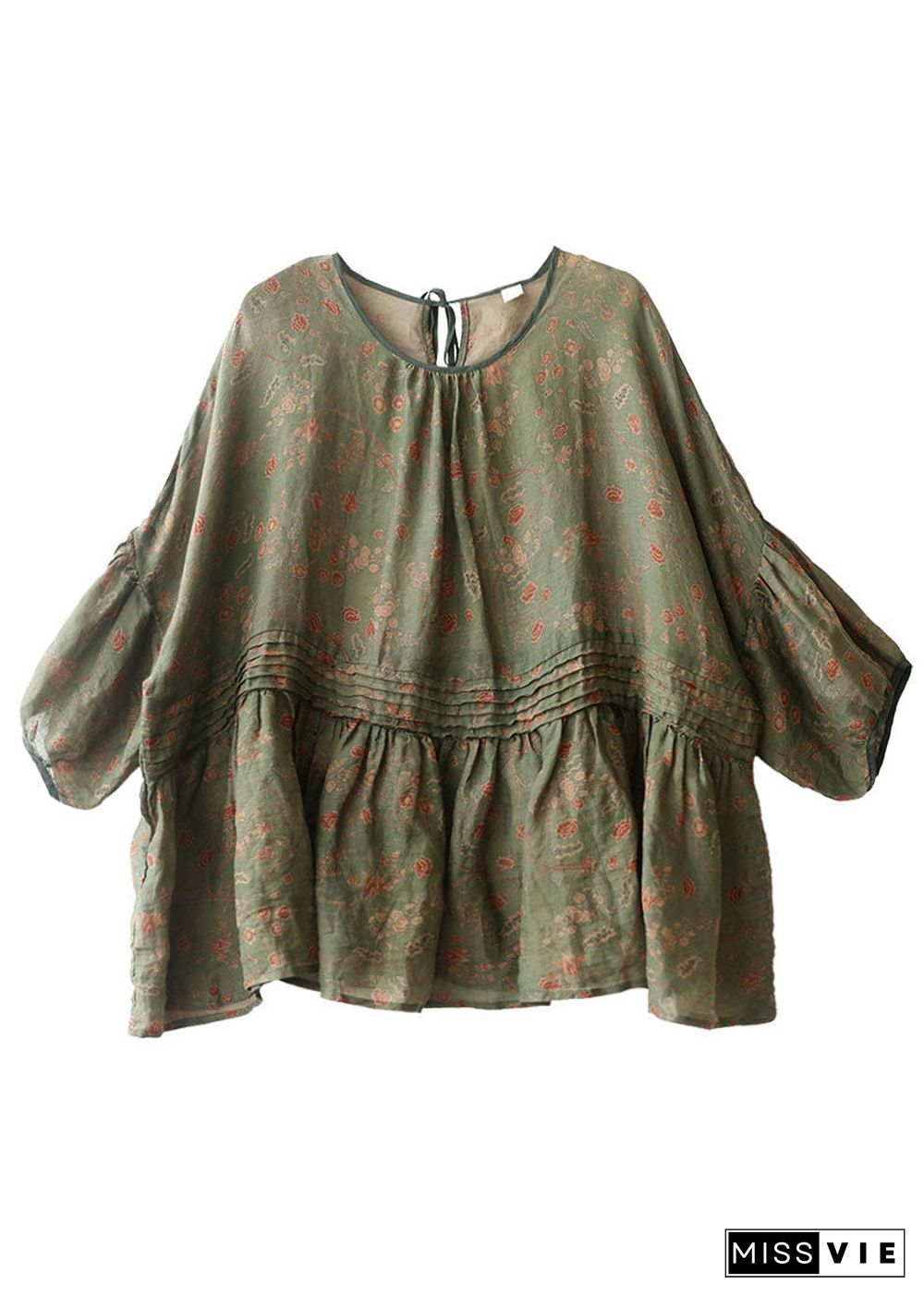 Plus Size Grey Green Print Wrinkled Patchwork Linen Shirt Tops Short Sleeve