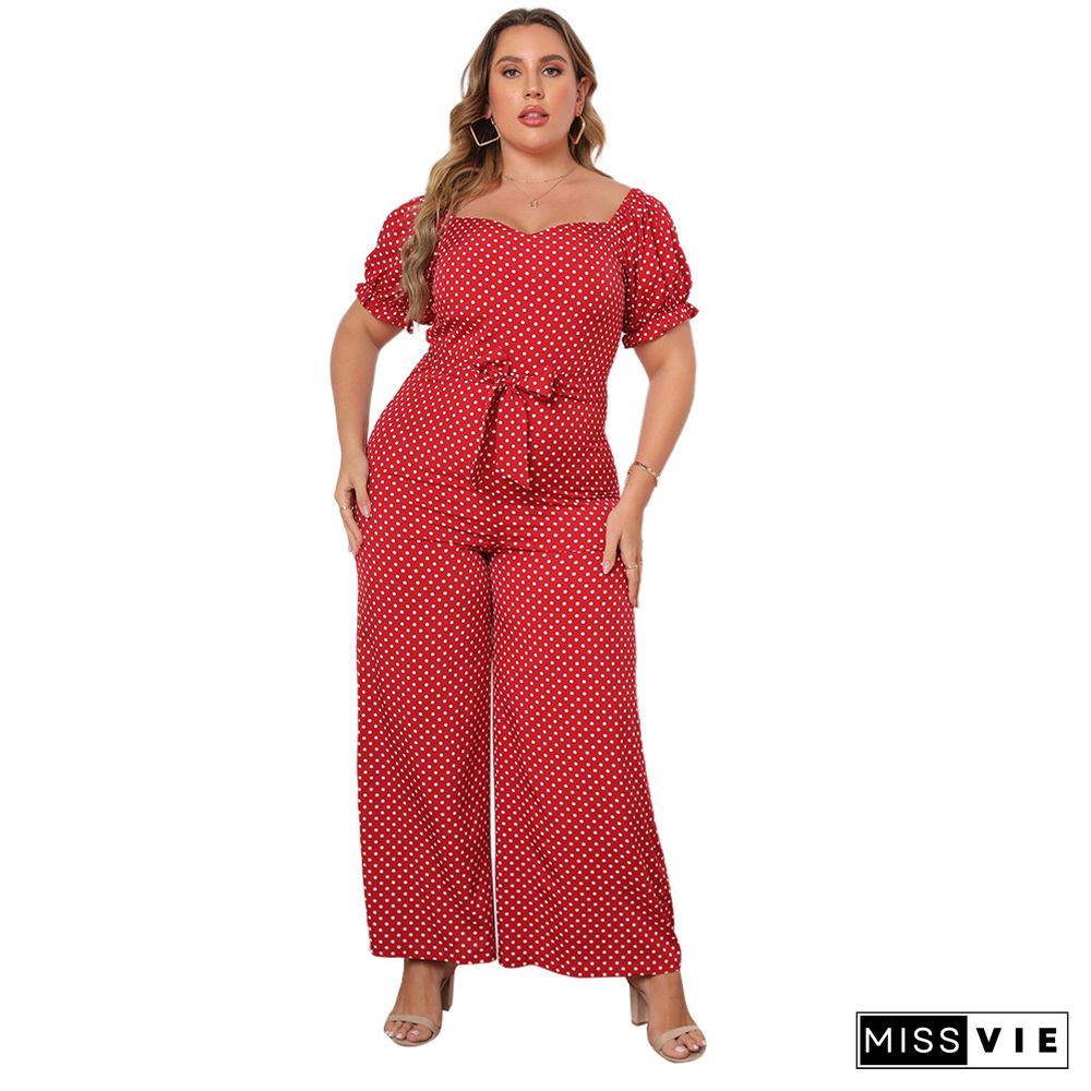 Dot Print Short Sleeve Slash Neck Wide Leg Jumpsuit