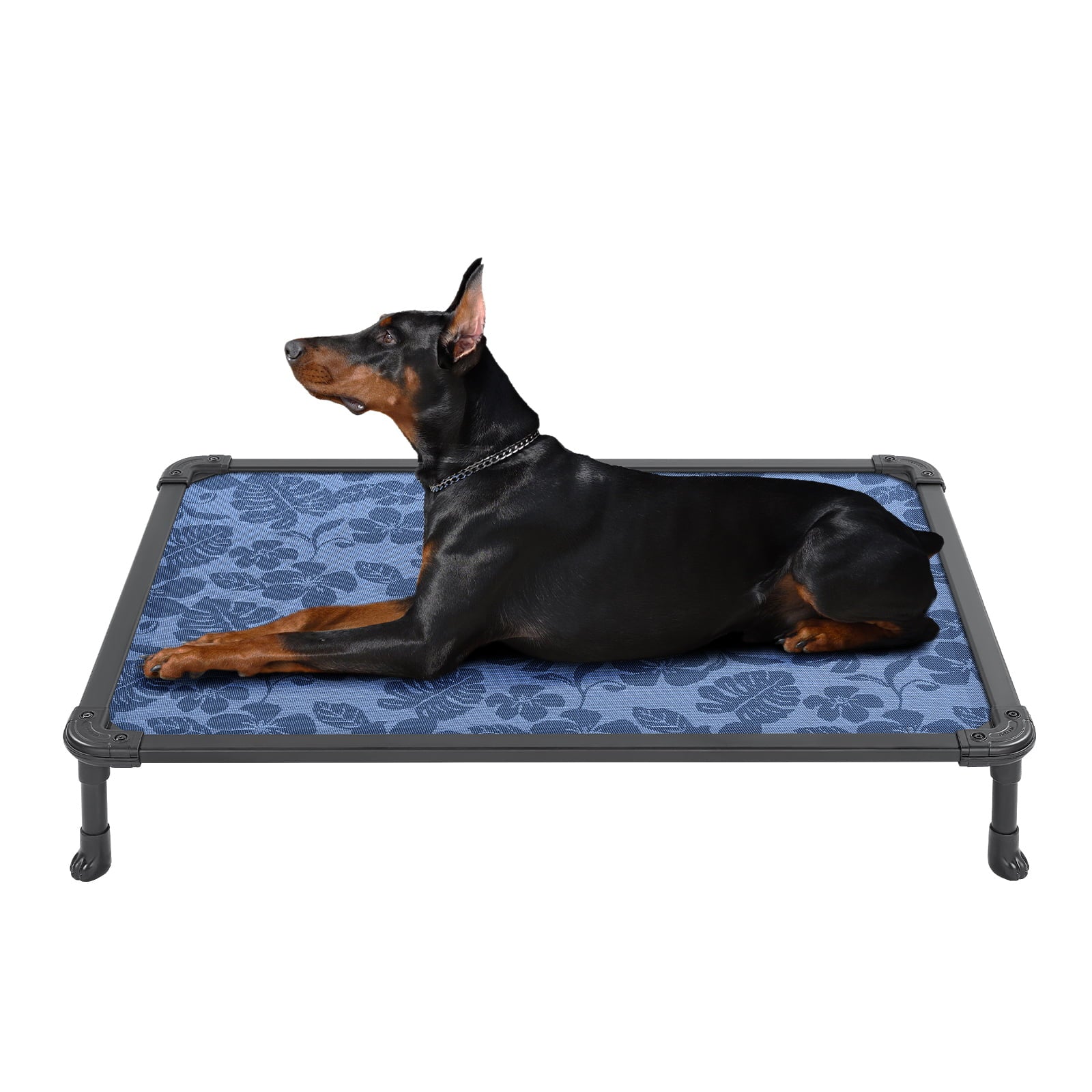 Veehoo Chew Proof Dog Bed， Rustless Aluminum Frame and Textilene Mesh Fabric， Blue Print， Large