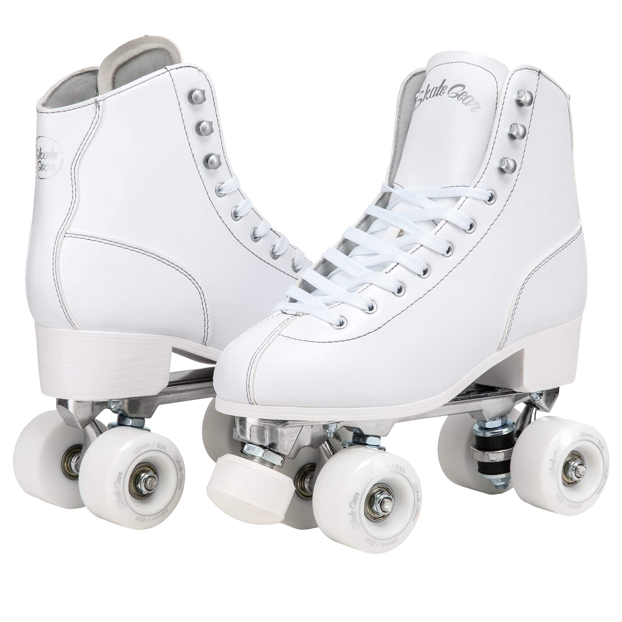 Skate Gear Extra Support Quad Roller Skates for Kids and Adults (White, Women's 10 / Men's 9)