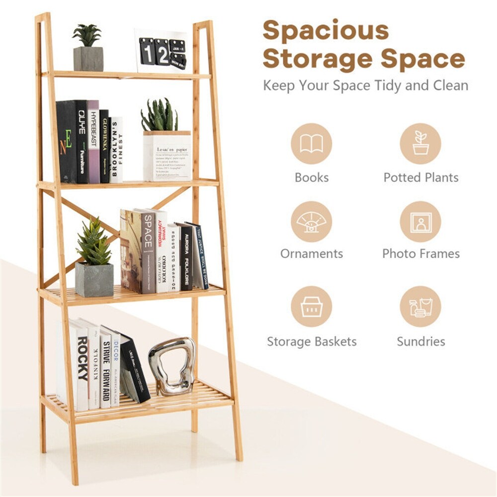 4 Tier Bamboo Ladder Bookshelf Natural Color