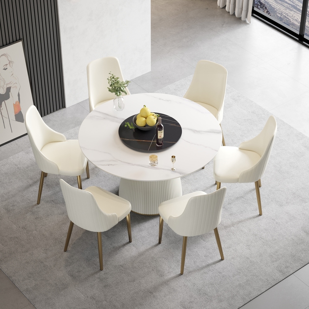 53'' Modern Round Dining Table  Marble Kitchen Table with Sintered Stone Tabletop and Steel Leather Base   N/A