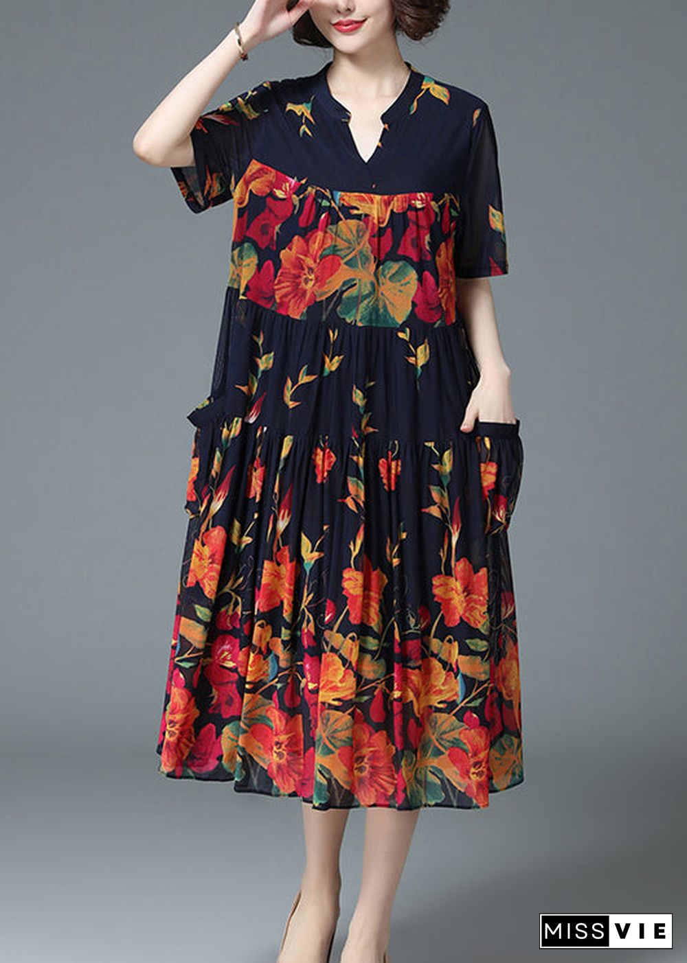 Loose Blue V Neck Wrinkled Floral Print Pockets Chiffon Long Dress Short Sleeve