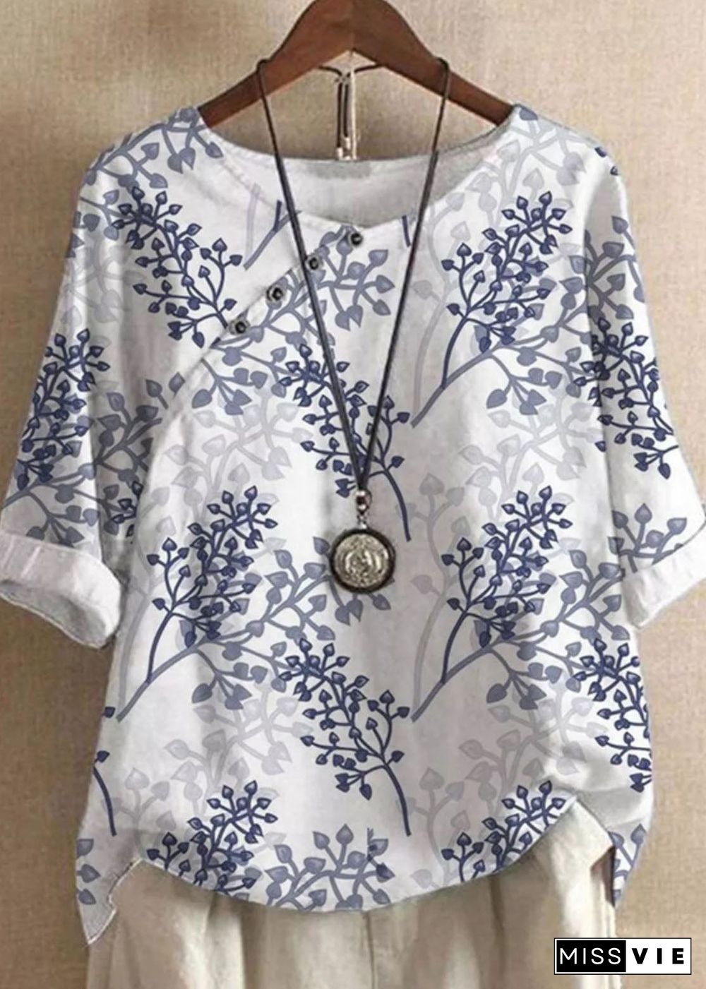 Boho Blue O Neck Print Patchwork Cotton T Shirts Summer