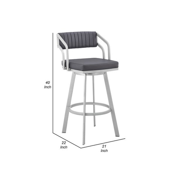 Blake 30 Inch Swivel Bar Stool， Open Back， Silver， Gray Faux Leather