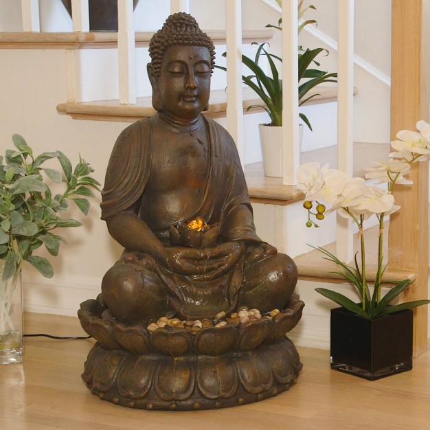 Led Lit Resin Buddha Sculptural Fountain Light Brown