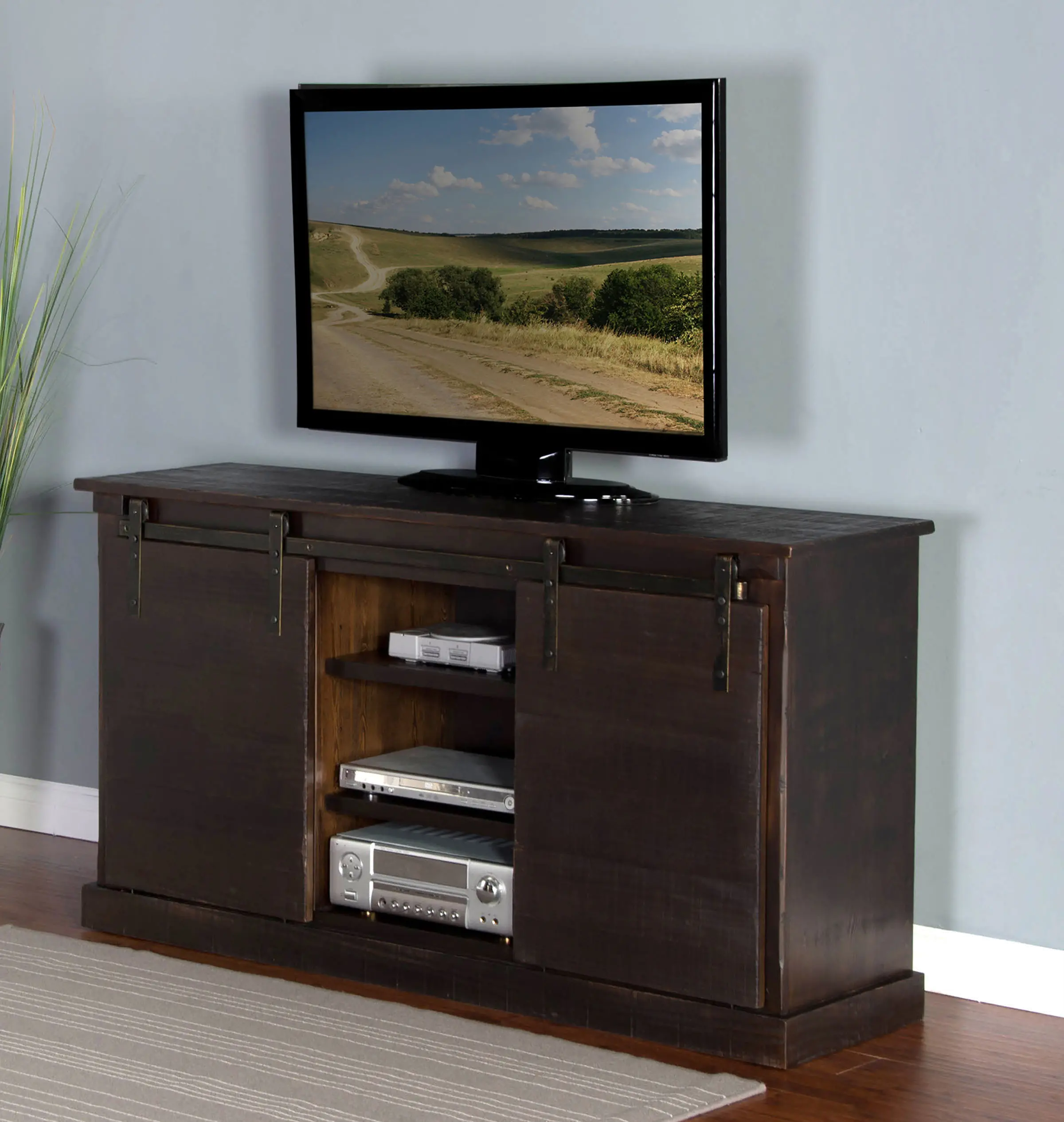 65 Inch Rustic Distressed Charred Oak TV Stand