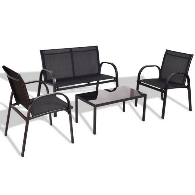 4 Pcs Patio Steel Frame Coffee Table Furniture Set