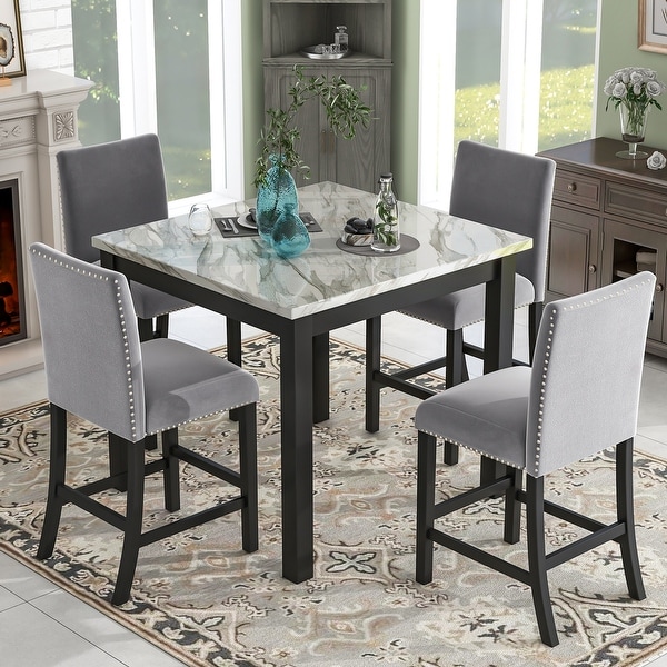 Counter Height Dining Table Set with One Faux Marble Dining Table and Four Upholstered Seat Chairs(Set of 5)