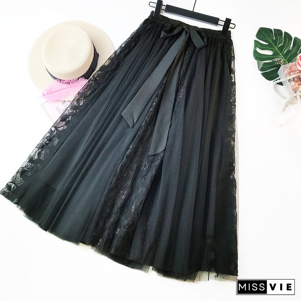 Fashion Tutu Tulle Skirt Women Long Maxi Skirt Korean Cute Bow High Waist Pleated Skirt Female School Sun Spodnica