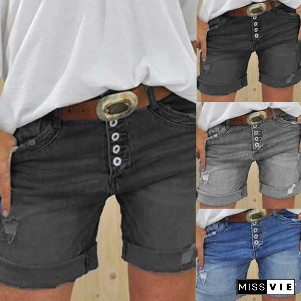 Women Summer Denim Shorts Sexy Ripped Hole Button Jeans Shorts Ladies Plus Size Short