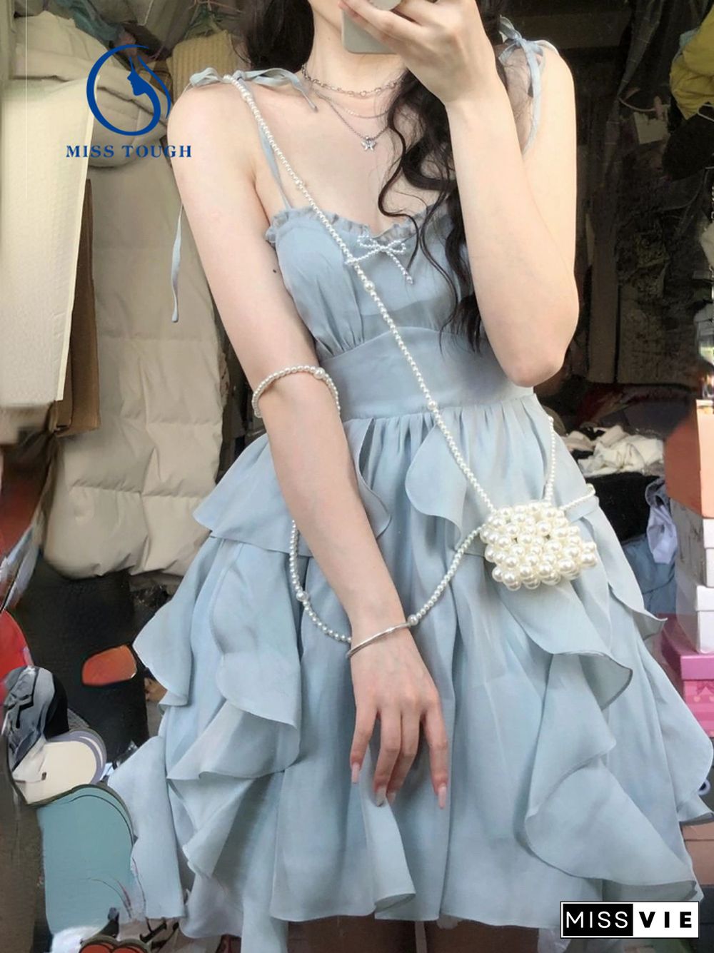 Blue Strap Mini Dress Women Korea Clothing Fashion Suits Casual 2 Piece Dress Set Female Kawaill Elegant Party Dress Summer