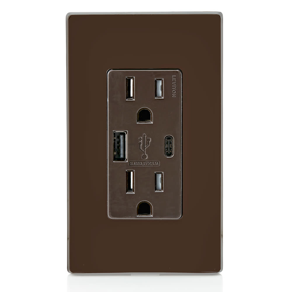 Leviton Outlet with USB Type A/C Charger 15A 125V 5-15R Brown