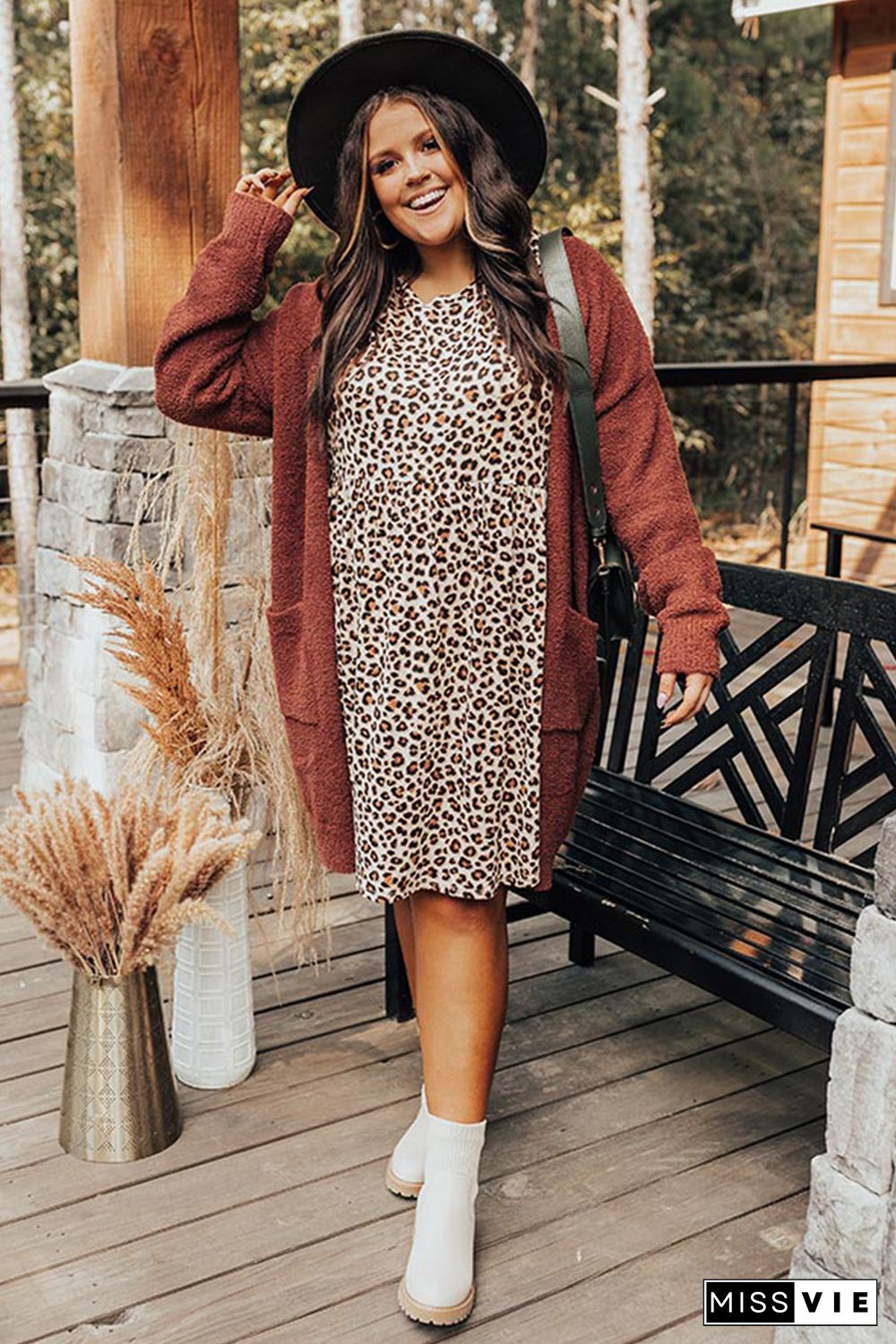 Plus Size Leopard Long Sleeve Midi Dress