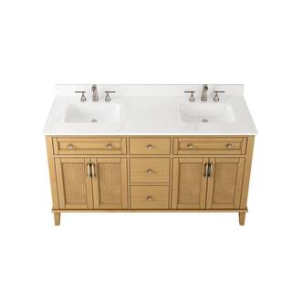 Home Decorators Collection 60in. W x 22 in. D x 34.5 in. H Double Vanity in Natural Oak with Engineered Carrara Marble Top and White Sinks TJ-0237V6022BE