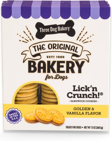 Three Dog Bakery Lick' n Crunch Sandwich Cookies Golden and Vanilla Flavor Dog Treats