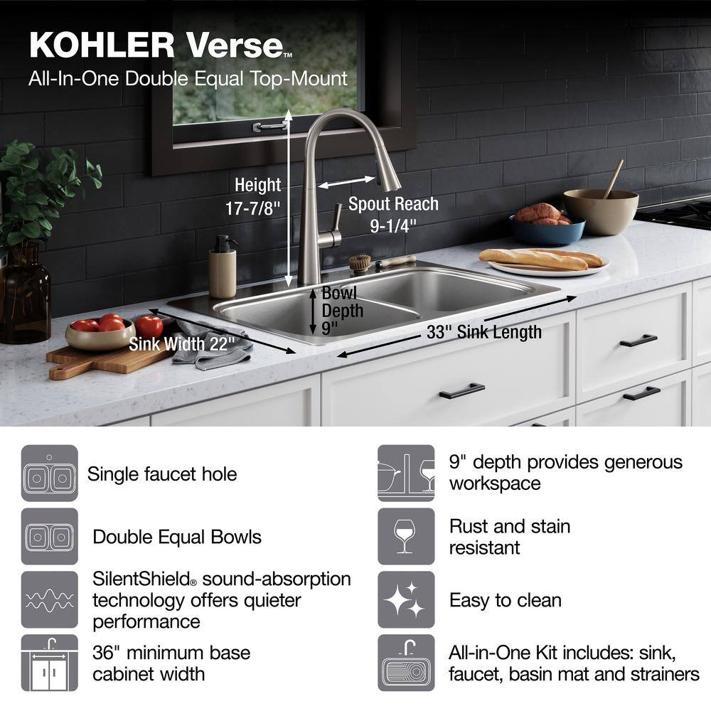 KOHLER Verse Stainless Steel 33 in. Double Bowl Drop-In Kitchen Sink with Faucet K-RH5267-1PC-NA