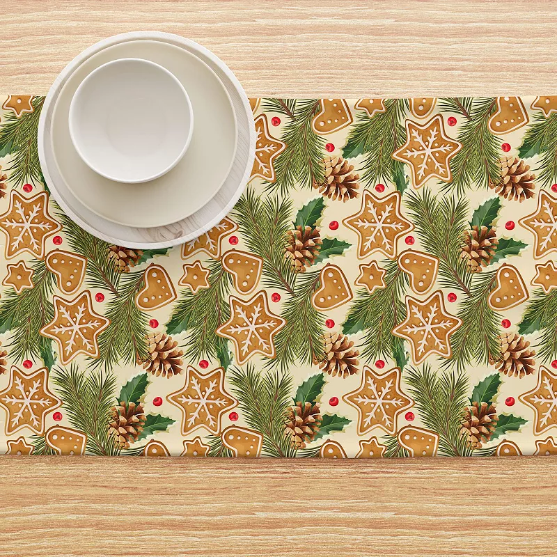 Table Runner， 100% Polyester， 14x108， Holiday Gingerbread Cookies and Pinecones