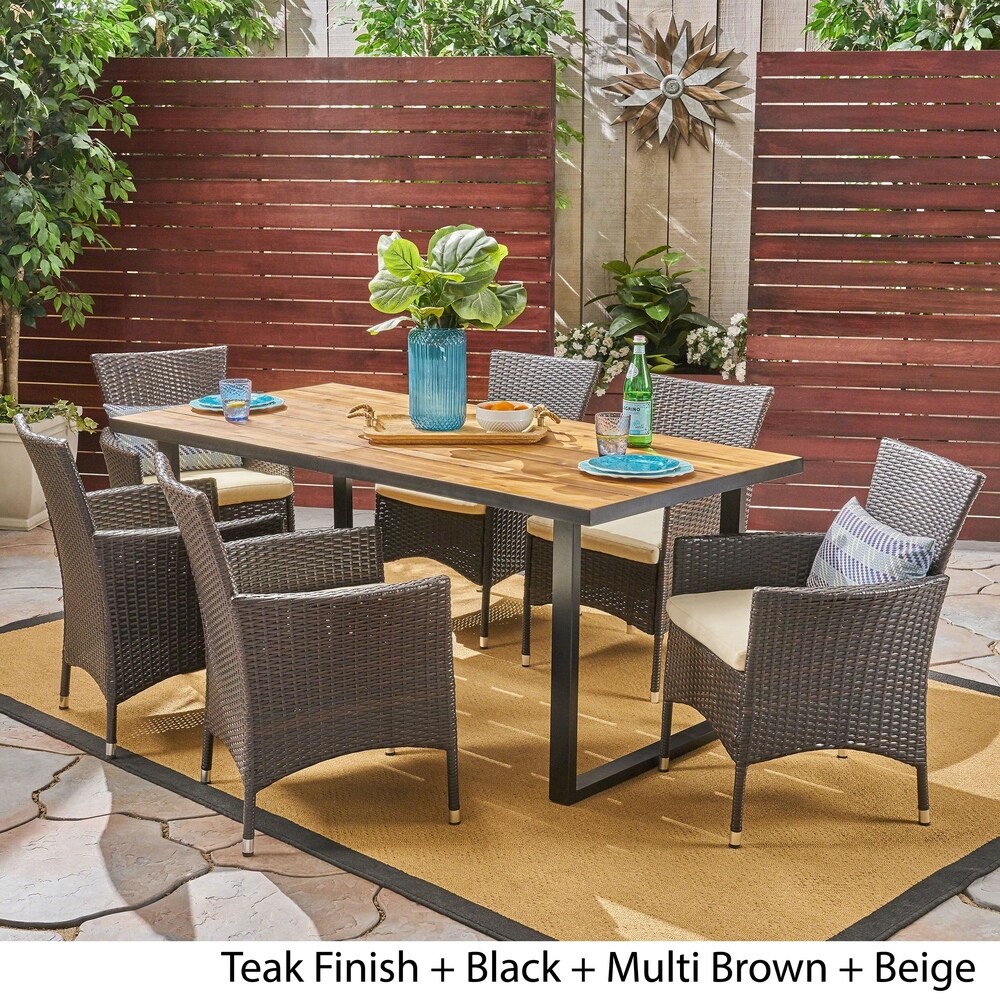 Hartland Outdoor 6 Seater Rectangular Acacia Wood and Wicker Dining Set by Christopher Knight Home