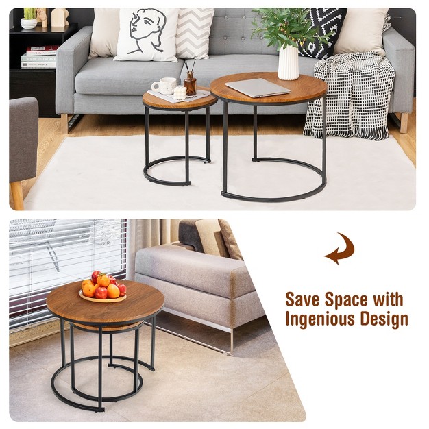 Tangkula 2pcs Stacking Metal Legs Modern Side Round Nesting Coffee Table W Wooden Tabletop For Living Room Rustic Brown brown