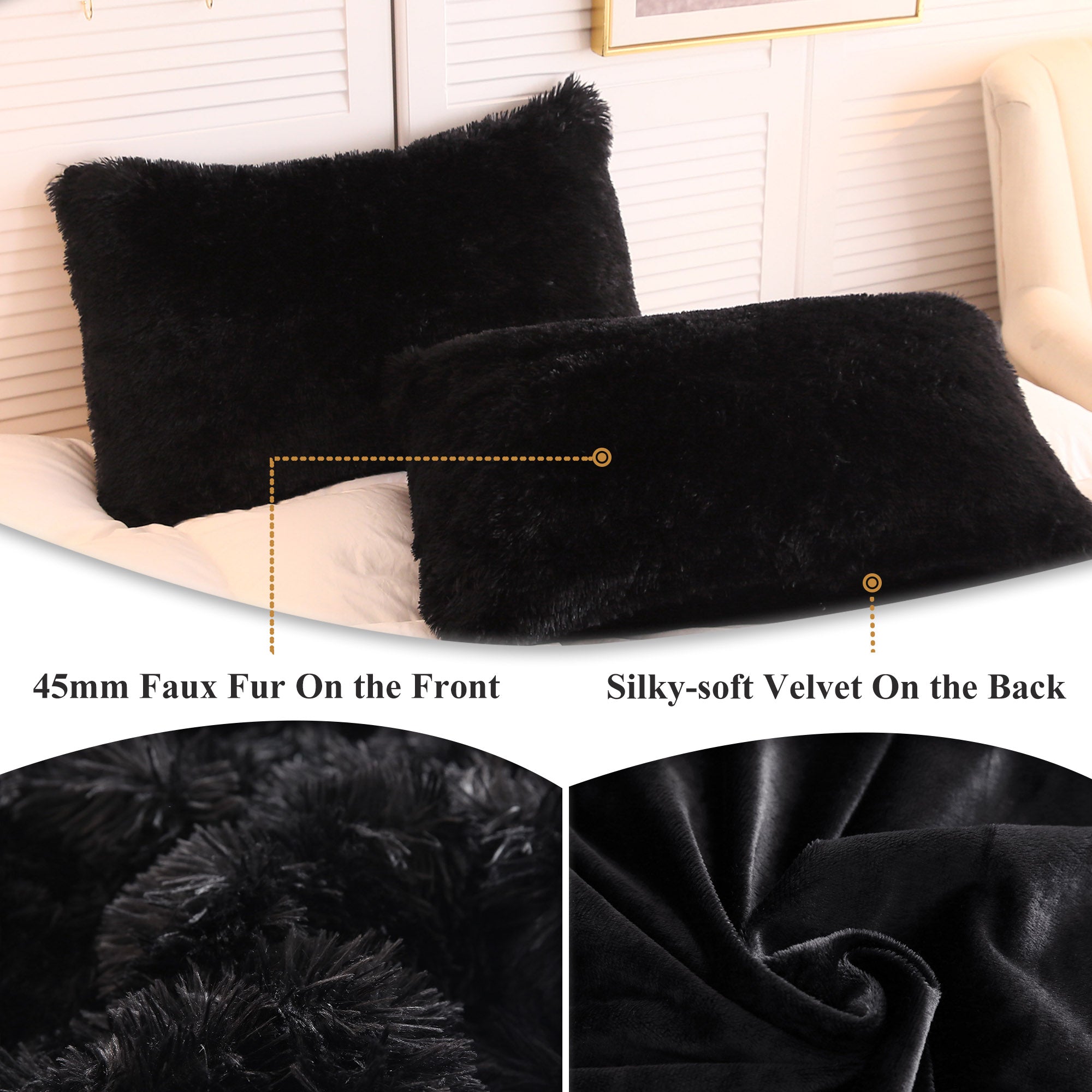 XeGe 2 Pack Soft Fluffy Pillow Cases， Shaggy Plush Pillow Shams Pillowcases， Faux Fur Pillow Covers， Furry Velvet Decorative Pillow for Bed Sofa Couch， Zipper Closure， 2 Pack， Standard Size， Black