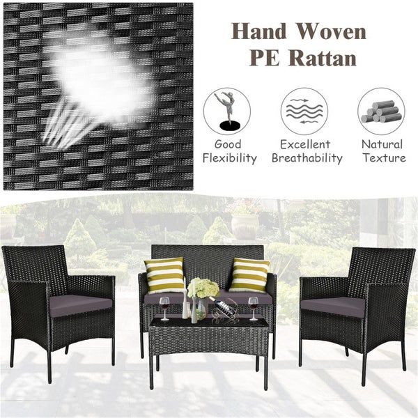 4 Pieces Patio Rattan Cushioned Sofa Set with Tempered Glass Table - Overstock - 37909378