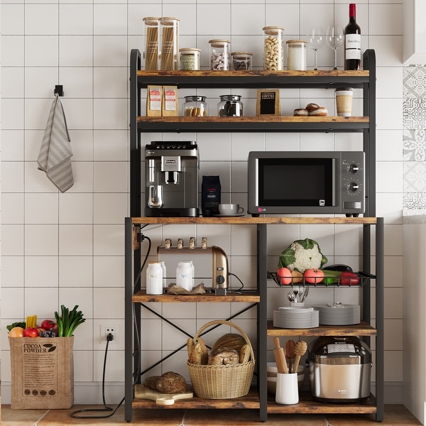 Bakers Rack with Power Outlet， Microwave Stand， Coffee Bar Table Station with Metal Wire Panel