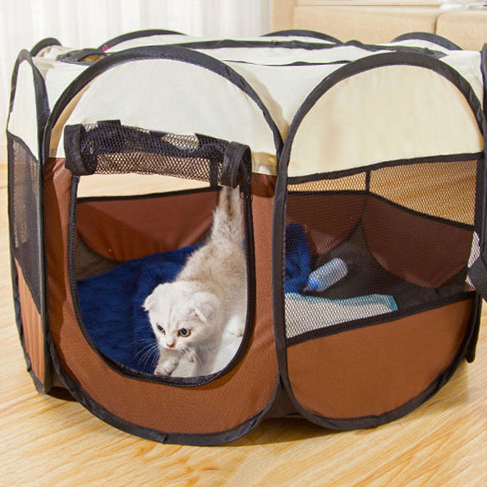 Outdoor Portable Pet Fence Playpen Puppy Kennel Octagonal Cage Cat Dog House Pet Delivery Room Pet Tent COFFEE