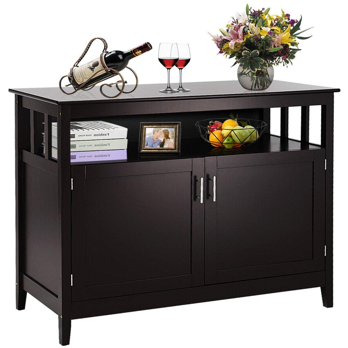 Free Standing Storage Chest with 2 Level Cabinets and Open Shelf, Adjustable Middle Shelf