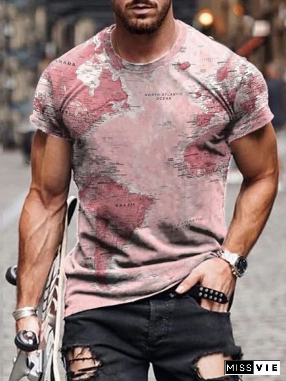 Trendy Men's Round Neck Slim Fit T-shirt Personalized Map Print Short Sleeve