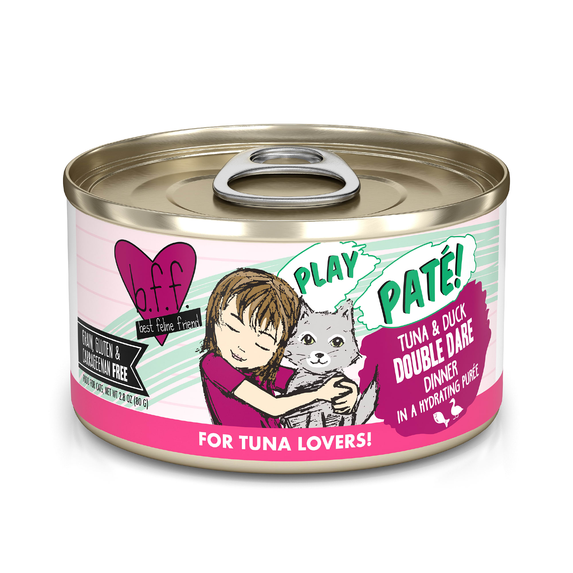 B.F.F. P.L.A.Y. Double Dare Tuna  Duck Dinner in a Hydrating Puree Wet Cat Food， 2.8 oz.， Case of 12