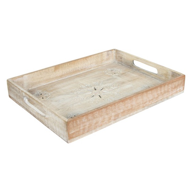 Mela Artisans Rustic Wooden Serving Tray With Handles Decorative Mango Wood Serving Tray In White Finish