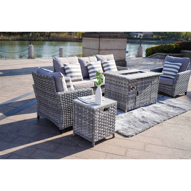 5pc Patio Wicker Conversation Set With Fire Pit Light Gray Direct Wicker