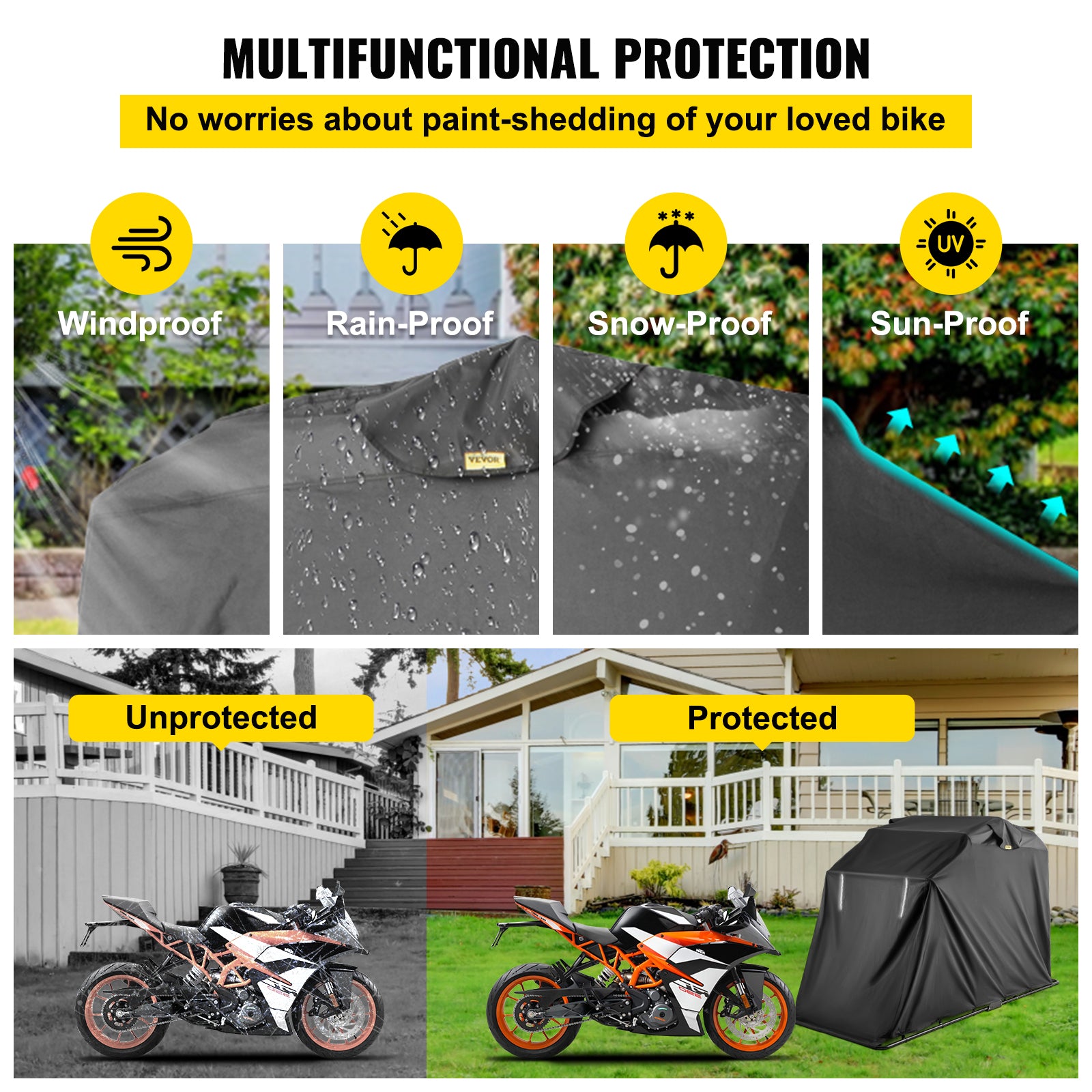 VEVORbrand Heavy Duty Motorcycle Shelter Shed Cover Storage Tent Garage with Lock， Waterproof Oxford Cloth Anti-theft， All Seasons Protection， Fits up to 132